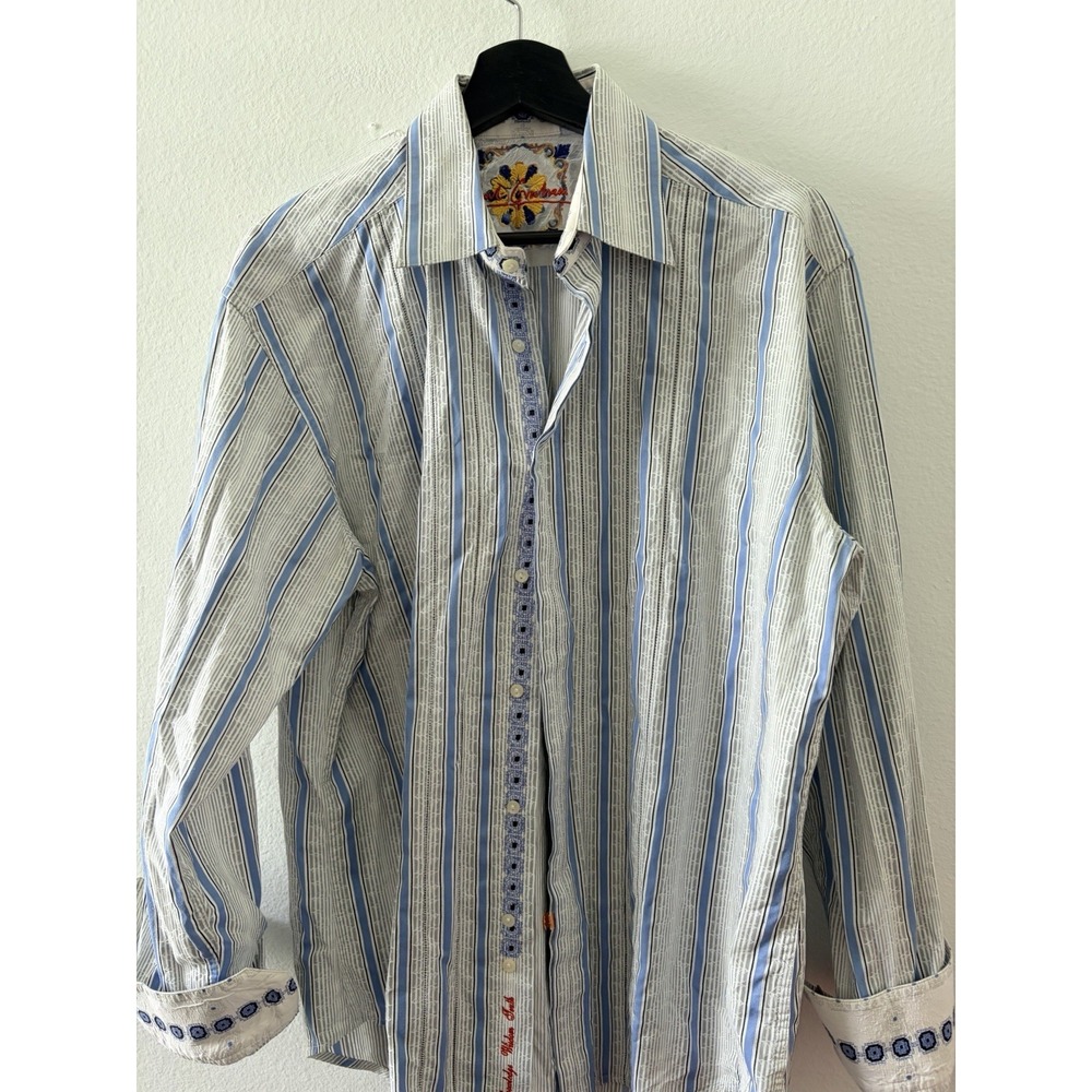 Robert Graham Mens L/G Button Down Shirt Striped Long Sleeve Blue White Cuffs